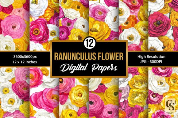 Elevating Digital Design with Pink Yellow Ranunculus Flower Patterns