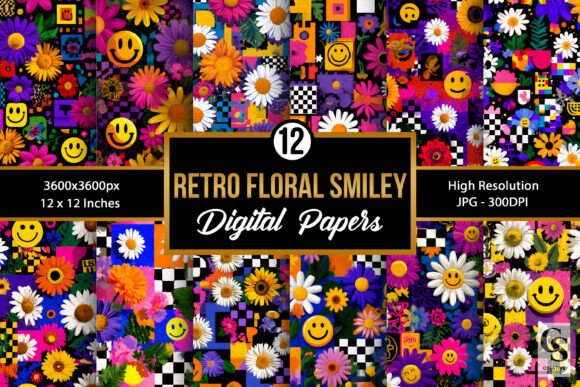 Retro Pop Art Floral Smiley Patterns: A Creative Resource for Designers and Craft Enthusiasts